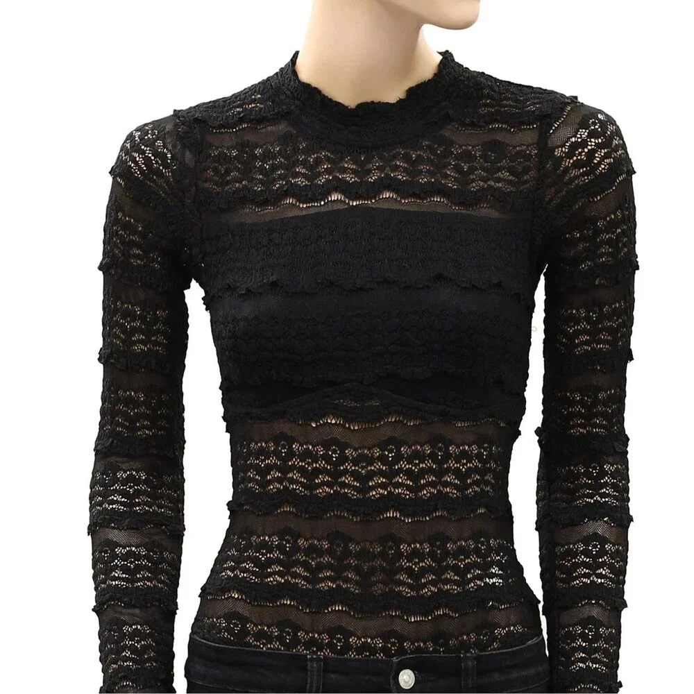 Free People Intimately Angelina Bodysuit Top Sheer Long Sleeve Black XS 289802